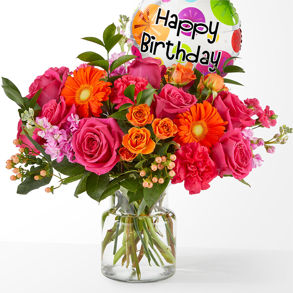 Fiesta Bouquet with Birthday Balloon – Hawes Florist Llc, Maynard MA