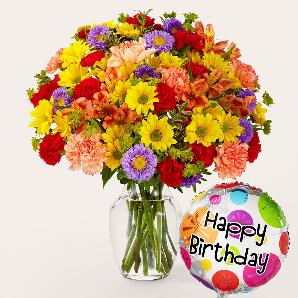 Kaleidoscope Bouquet with Birthday Balloon – Hawes Florist Llc, Maynard MA
