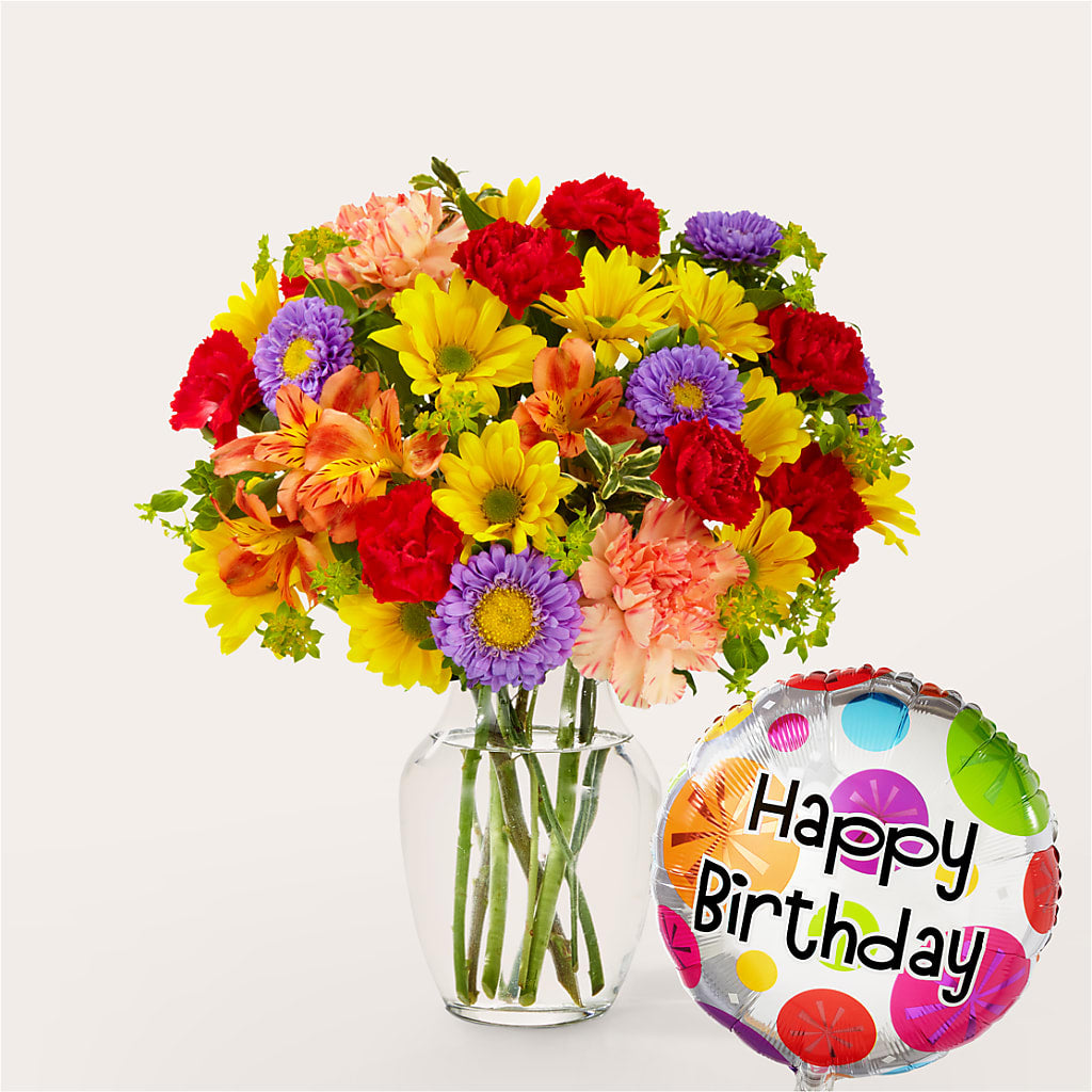 Kaleidoscope Bouquet with Birthday Balloon – Hawes Florist Llc, Maynard MA