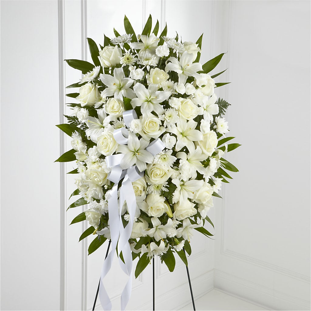 Exquisite Tribute Standing Spray-White Ribbon – Hawes Florist Llc, Maynard MA