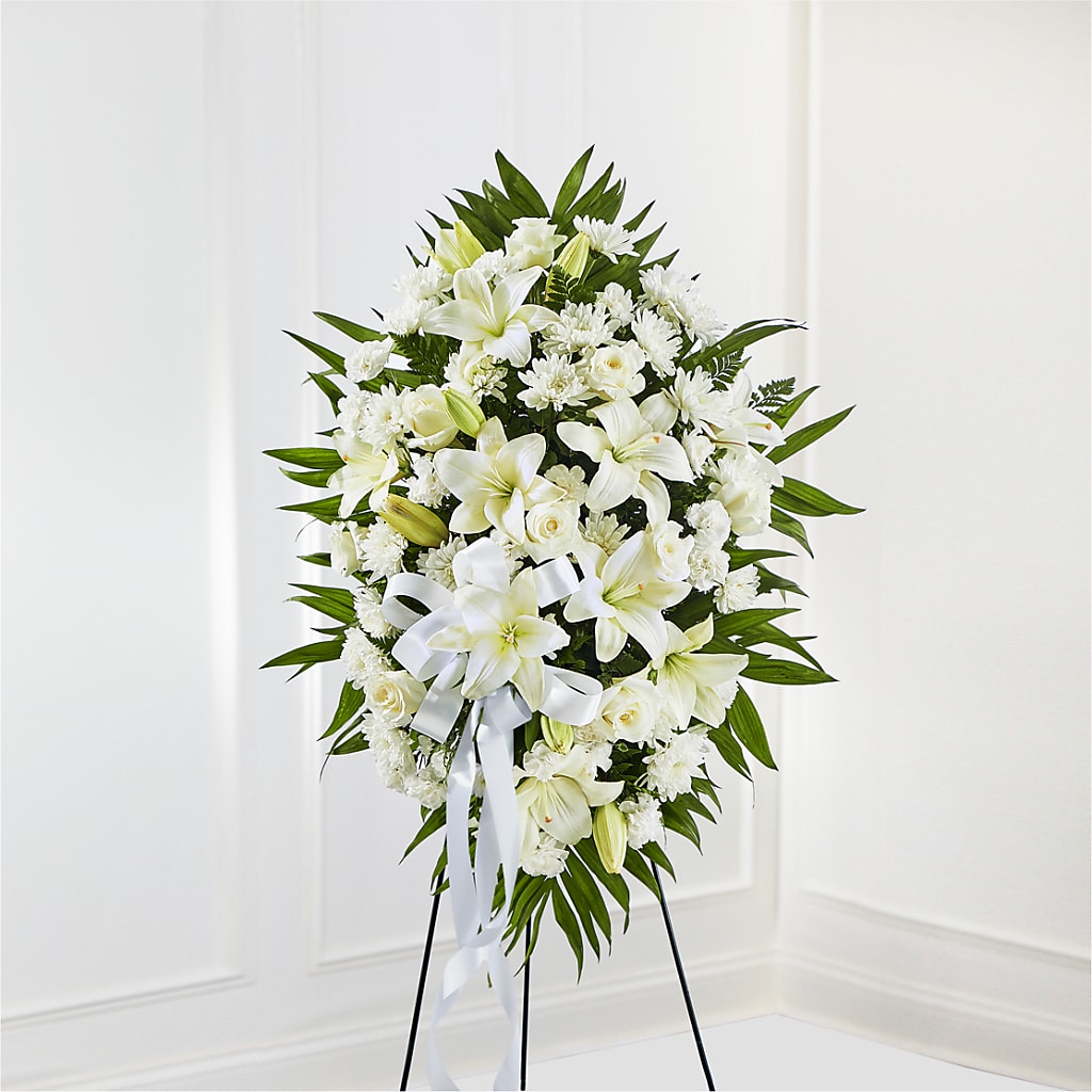 Exquisite Tribute Standing Spray-White Ribbon – Hawes Florist Llc, Maynard MA